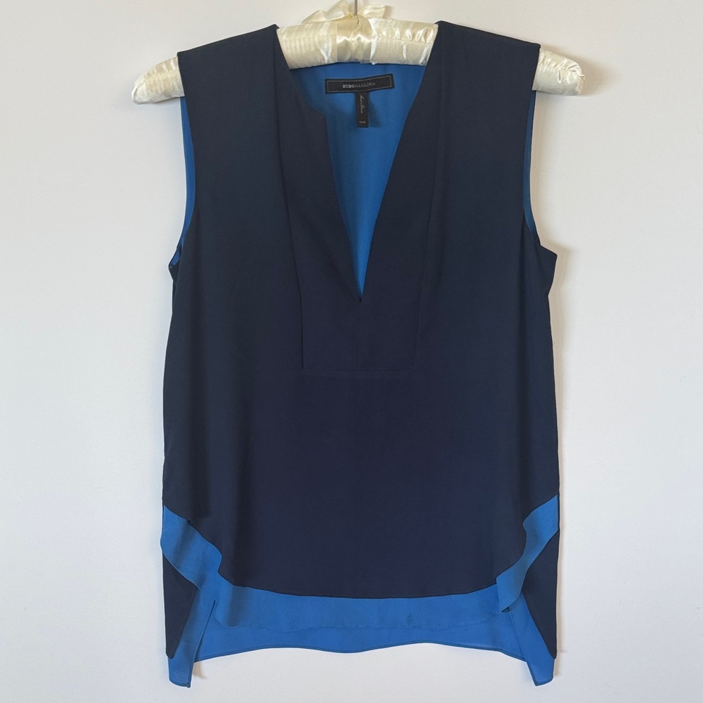 BCBGMaxAzria Deep Blue and Bright Blue V-Neck Blouse